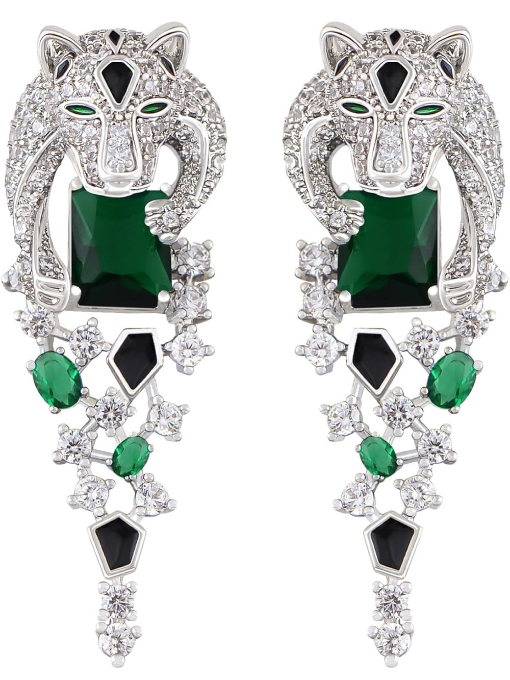 925 Sterling Silver Emerald Green Crystal Panther Drop Earrings